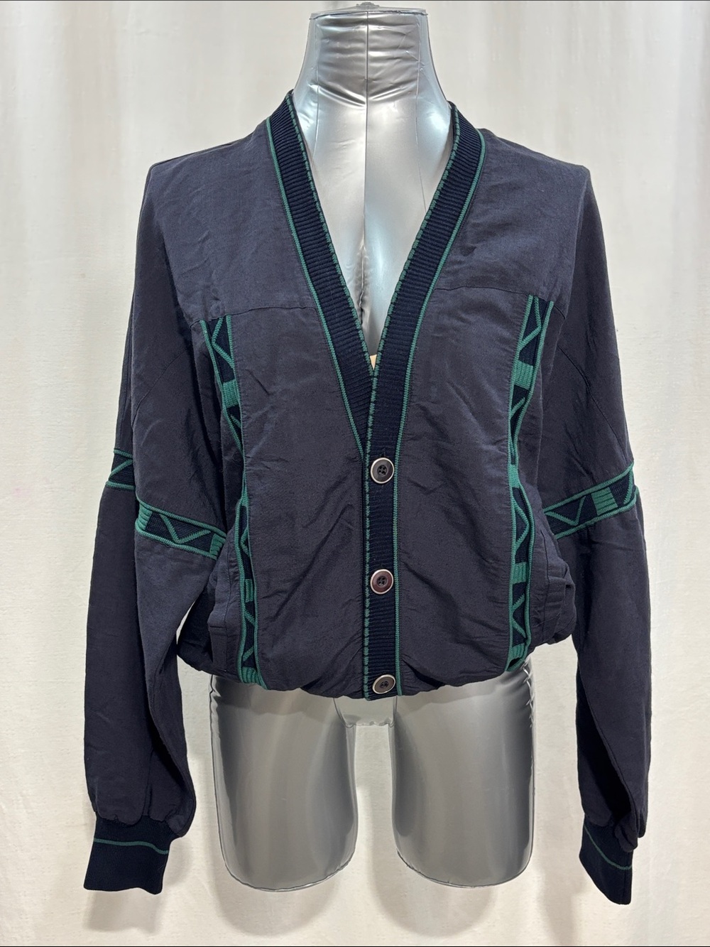 Vintage Torras made in Spain Women’s Navy Bomber Jacket w/Green Trim cotton